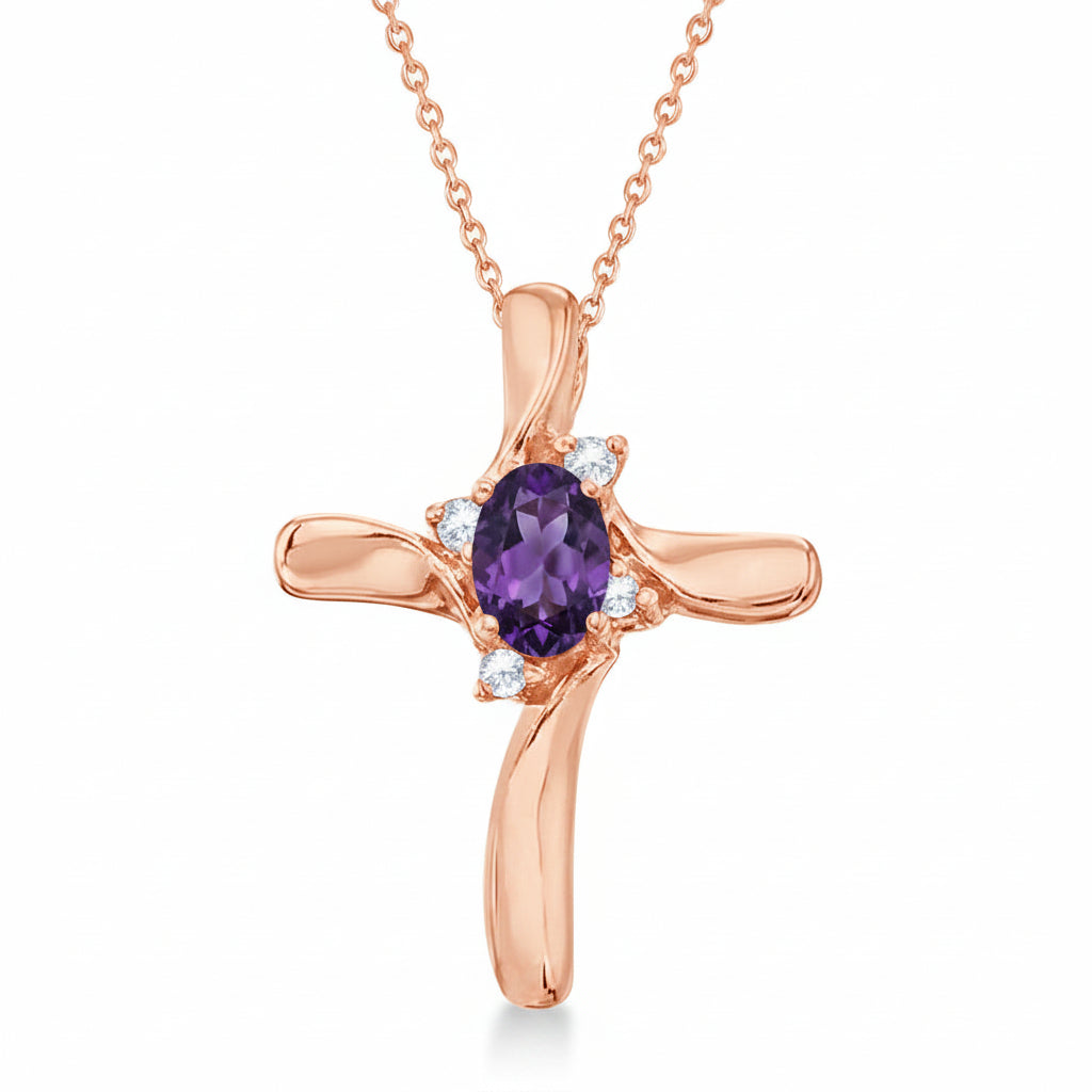 Amethyst & Diamond Cross Necklace Pendant 14k Rose Gold (0.50ct)