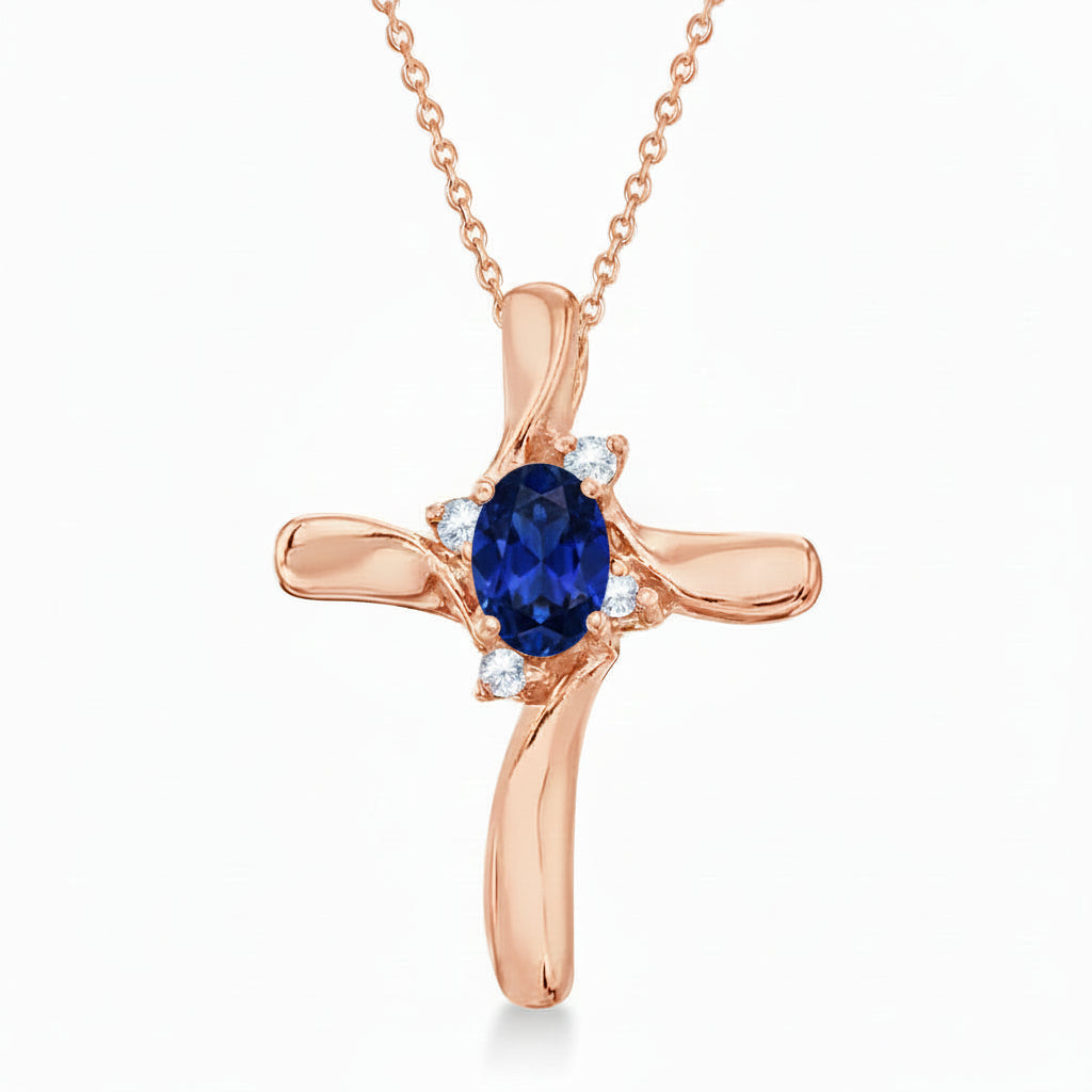 Lab Blue Sapphire & Lab Diamond Cross Necklace Pendant 14k Rose Gold (0.50ct)