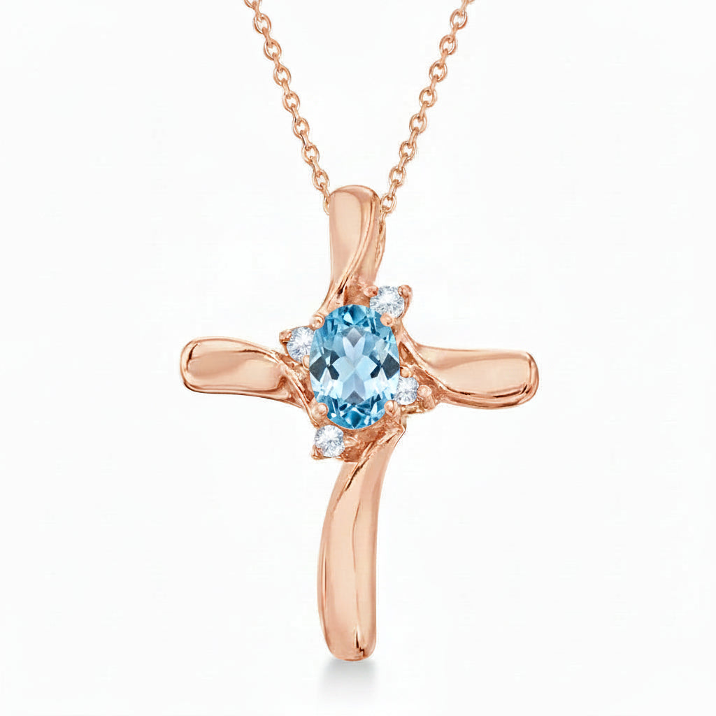 Blue Topaz & Diamond Cross Necklace Pendant 14k Rose Gold (0.50ct)
