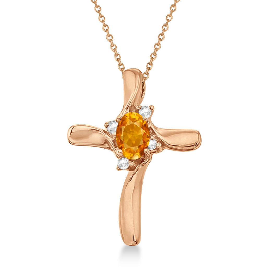Oval Citrine & Diamond Cross Necklace Pendant 14k Rose Gold (0.50ct)
