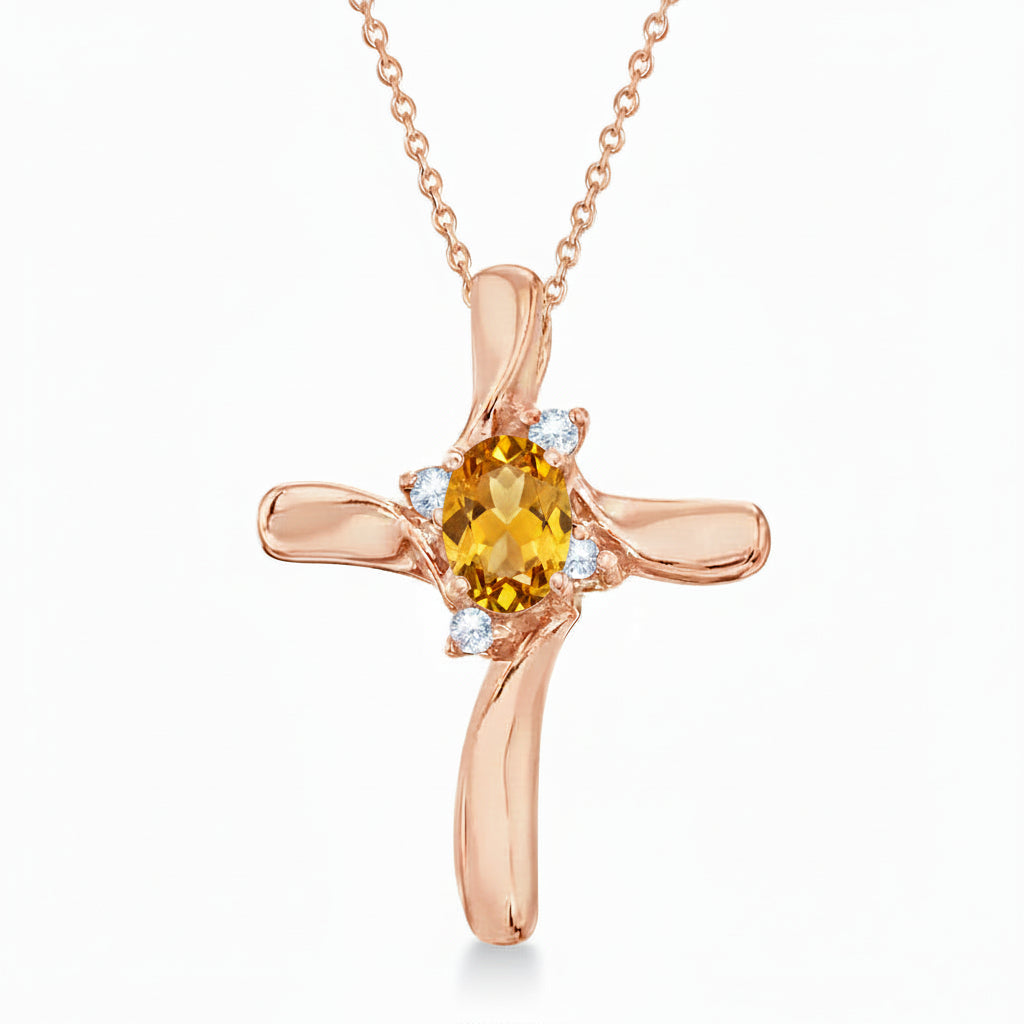 Oval Citrine & Diamond Cross Necklace Pendant 14k Rose Gold (0.50ct)
