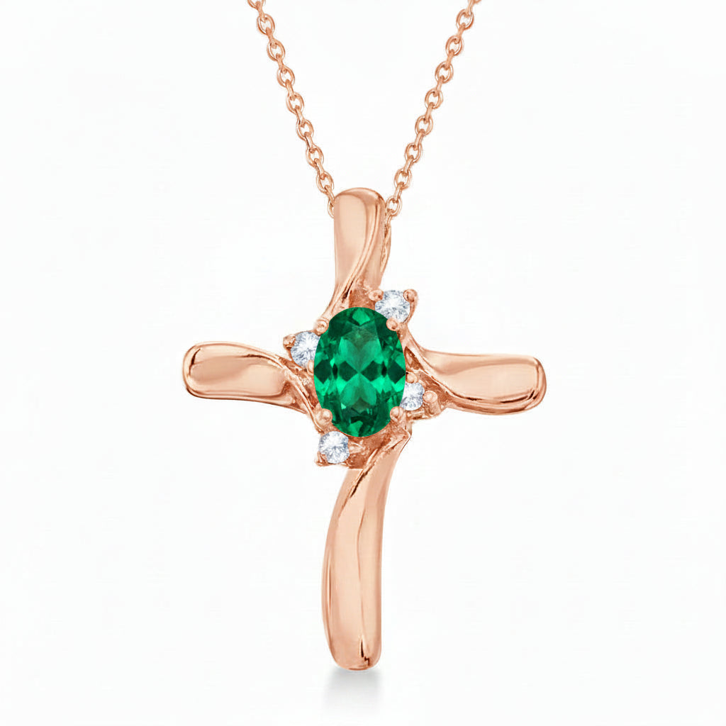 Lab Emerald & Lab Diamond Cross Necklace Pendant 14k Rose Gold (0.50ct)