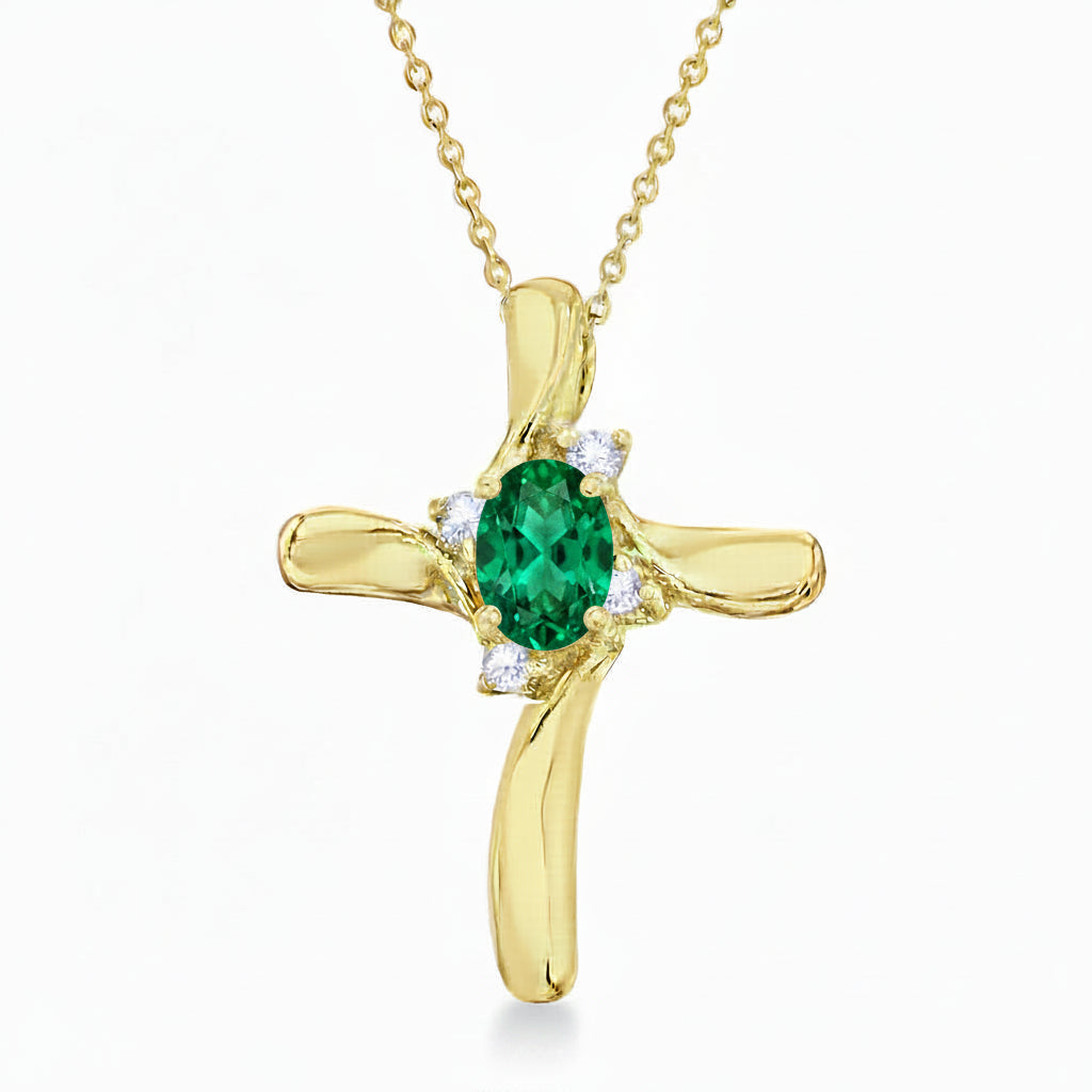 Emerald & Diamond Cross Necklace Pendant 14k Yellow Gold (0.50ct)