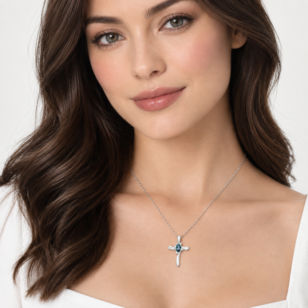 Lab Alexandrite & Diamond Cross Necklace Pendant 14k White Gold (0.75ct)