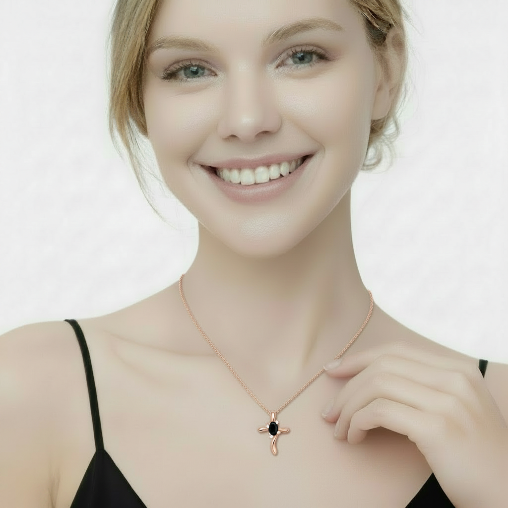 Black Onyx & Diamond Cross Necklace Pendant 14k Rose Gold (0.50ct)