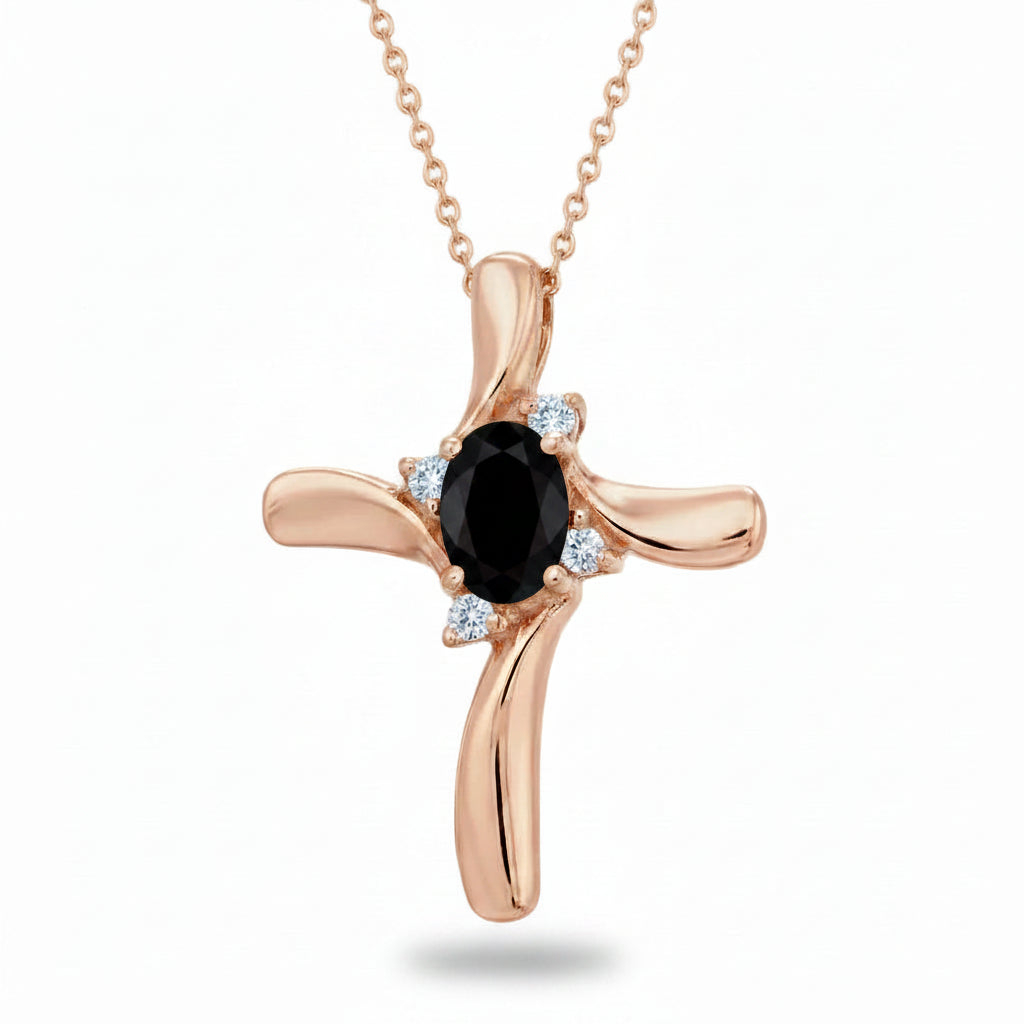 Black Onyx & Diamond Cross Necklace Pendant 14k Rose Gold (0.50ct)