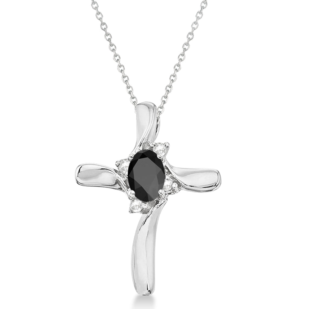Black Onyx & Diamond Cross Necklace Pendant 14k White Gold (0.50ct)
