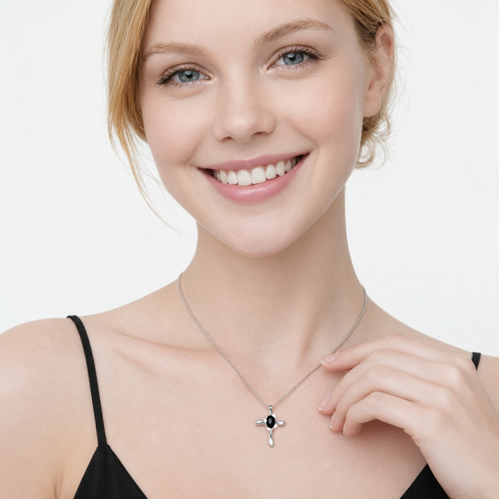 Black Onyx & Diamond Cross Necklace Pendant 14k White Gold (0.50ct)