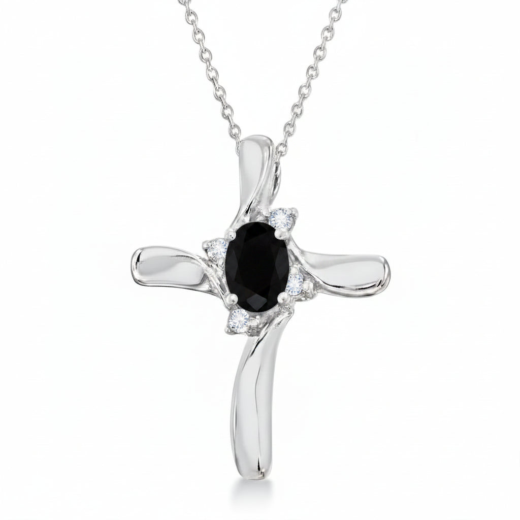 Black Onyx & Diamond Cross Necklace Pendant 14k White Gold (0.50ct)