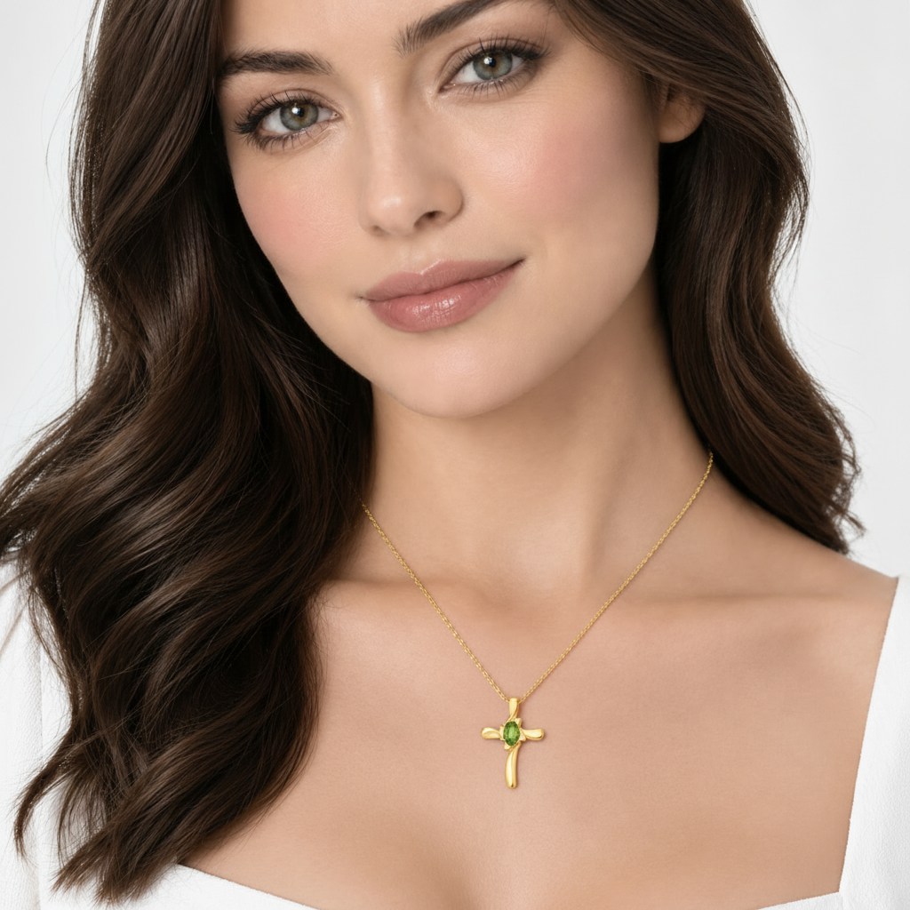 Peridot & Diamond Cross Necklace Pendant 14k Yellow Gold (0.75ct)