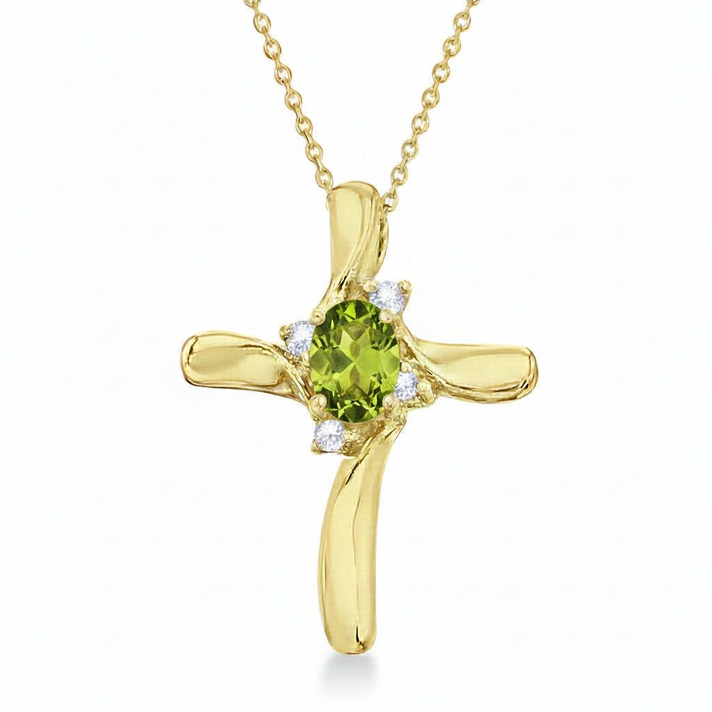 Peridot & Diamond Cross Necklace Pendant 14k Yellow Gold (0.50ct)
