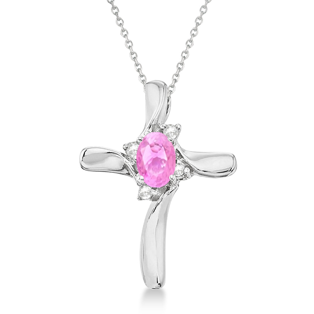 Pink Sapphire & Diamond Cross Necklace Pendant 14k White Gold (0.50ct)