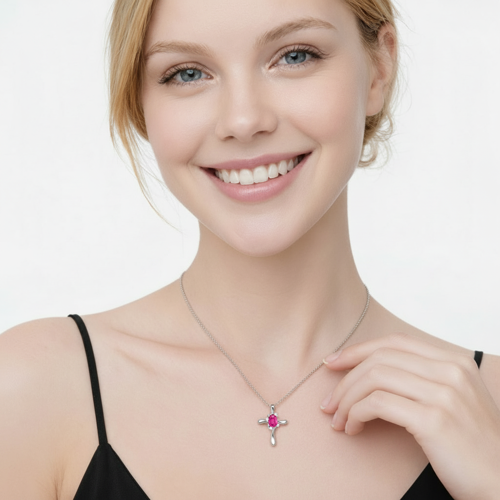 Pink Sapphire & Diamond Cross Necklace Pendant 14k White Gold (0.50ct)