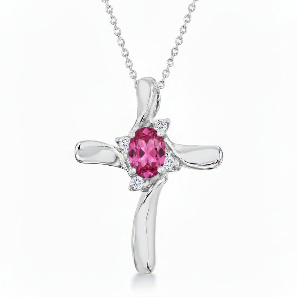 Pink Sapphire & Diamond Cross Necklace Pendant 14k White Gold (0.50ct)