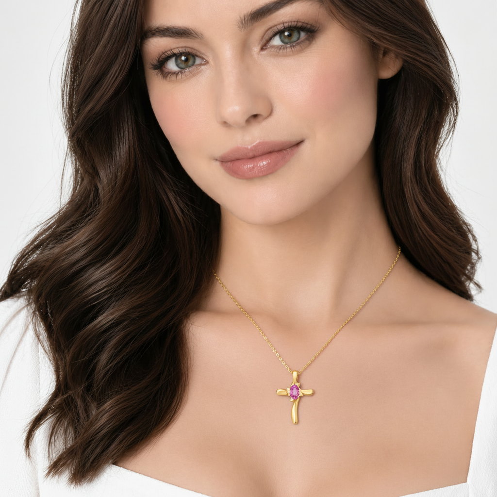 Pink Sapphire & Diamond Cross Necklace Pendant 14k Yellow Gold (0.75ct)