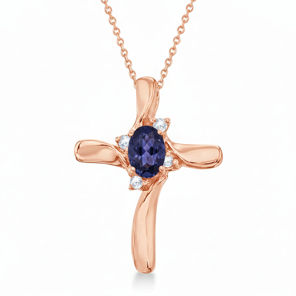 Tanzanite & Diamond Cross Necklace Pendant 14k Rose Gold (0.50ct)