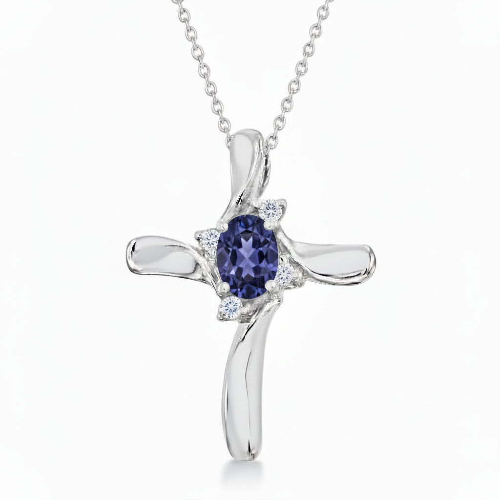 Lab Tanzanite & Lab Diamond Cross Necklace Pendant 14k White Gold (0.50ct)