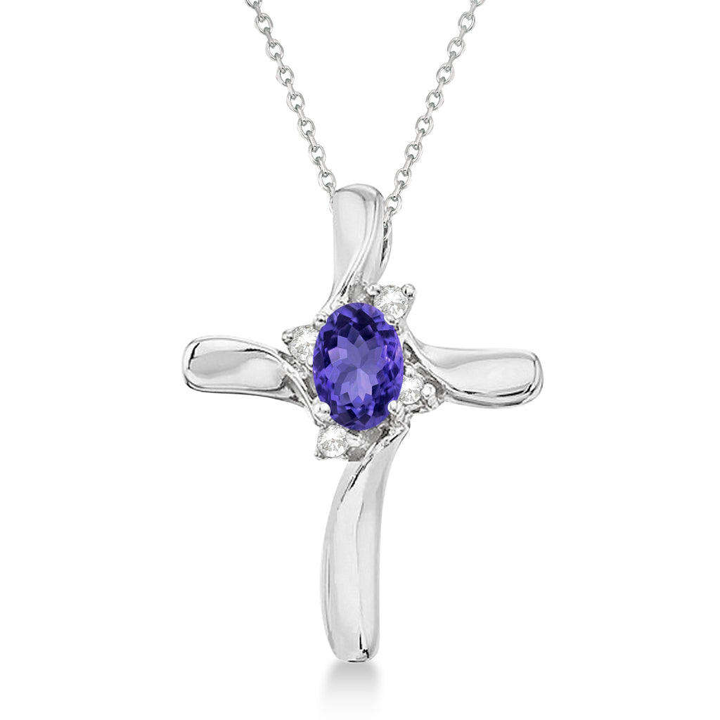 Tanzanite & Diamond Cross Necklace Pendant 14k White Gold (0.50ct)