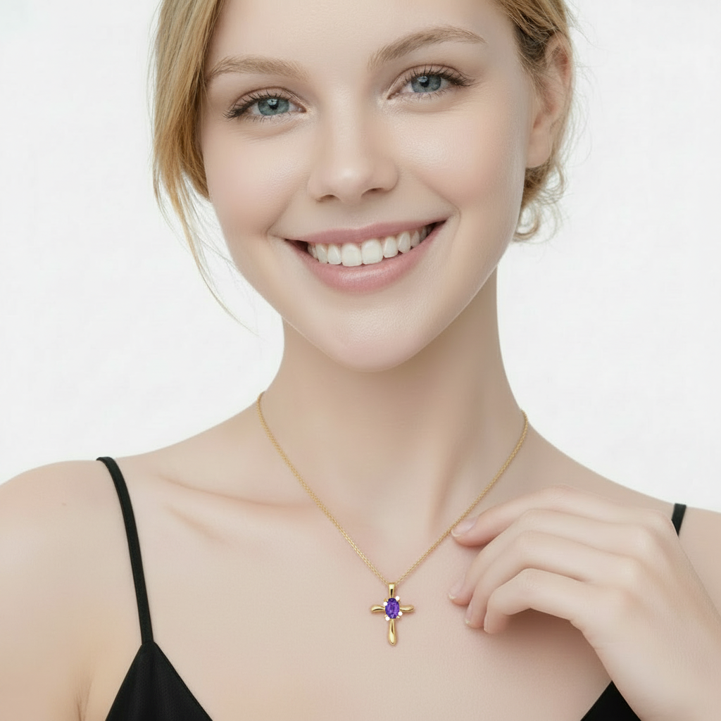 Lab Tanzanite & Lab Diamond Cross Necklace Pendant 14k Yellow Gold (0.50ct)