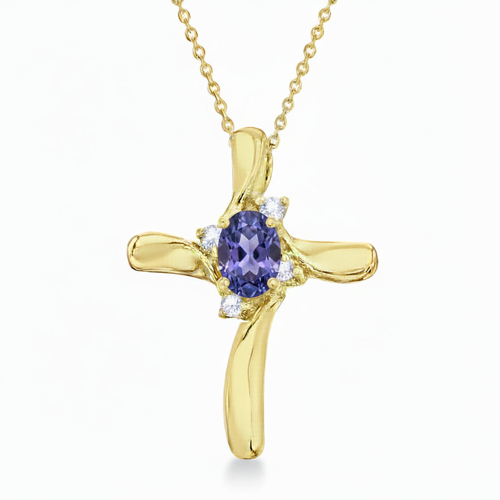 Lab Tanzanite & Lab Diamond Cross Necklace Pendant 14k Yellow Gold (0.50ct)