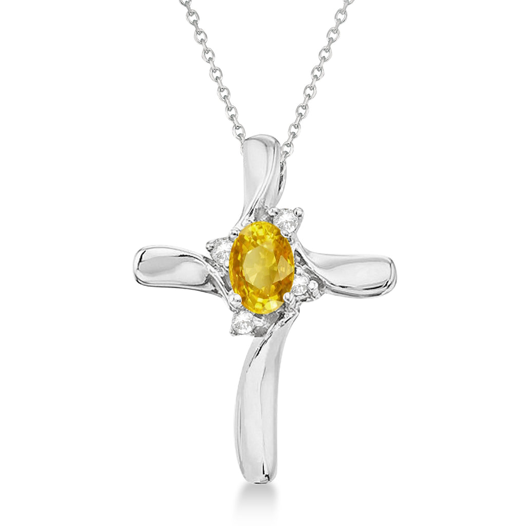 Lab Yellow Sapphire & Lab Diamond Cross Necklace Pendant 14k White Gold (0.50ct)