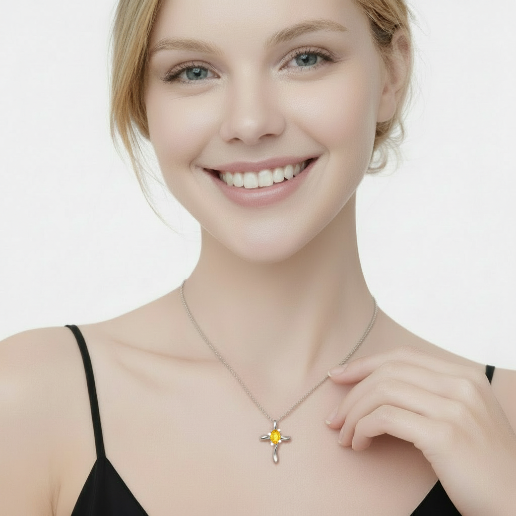 Lab Yellow Sapphire & Lab Diamond Cross Necklace Pendant 14k White Gold (0.50ct)