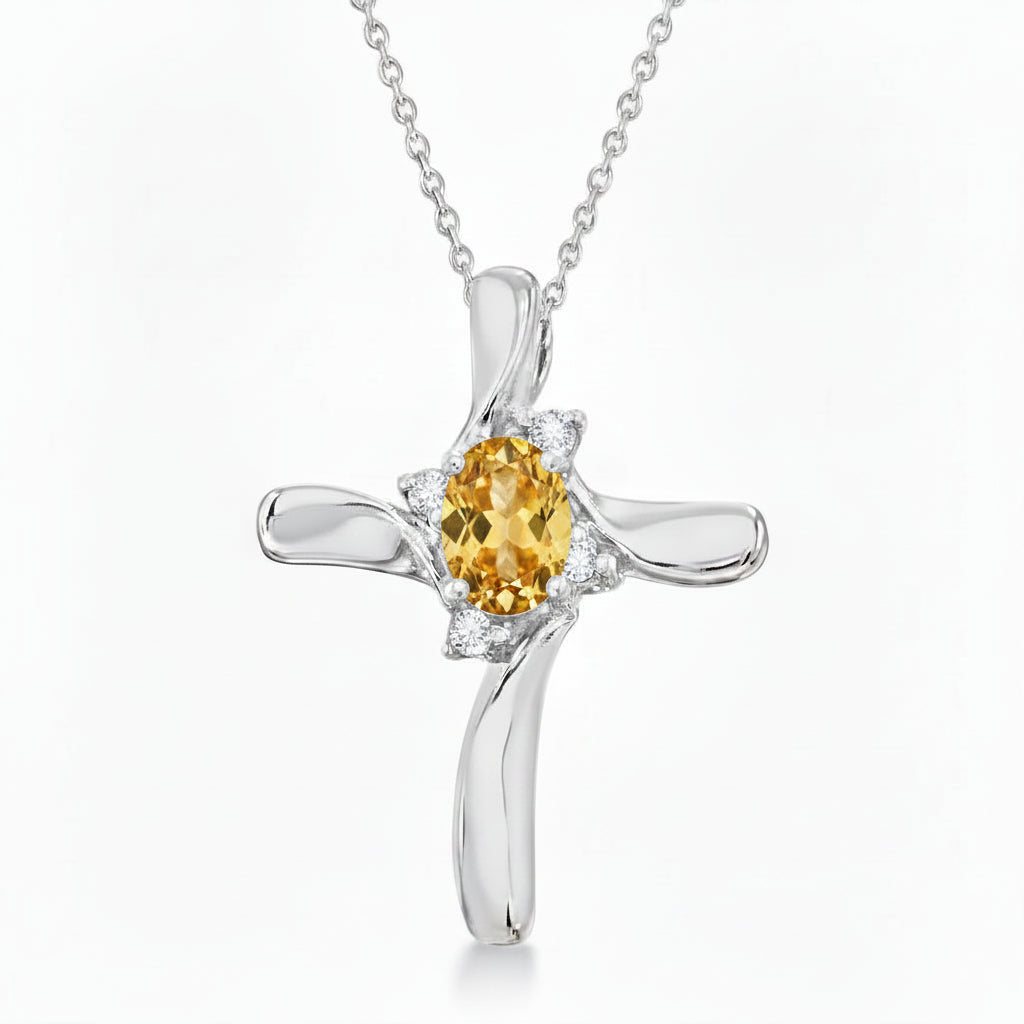 Lab Yellow Sapphire & Lab Diamond Cross Necklace Pendant 14k White Gold (0.50ct)