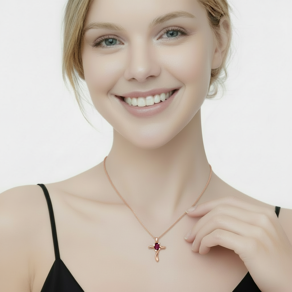 Ruby & Diamond Cross Necklace Pendant 14k Rose Gold (0.50ct)