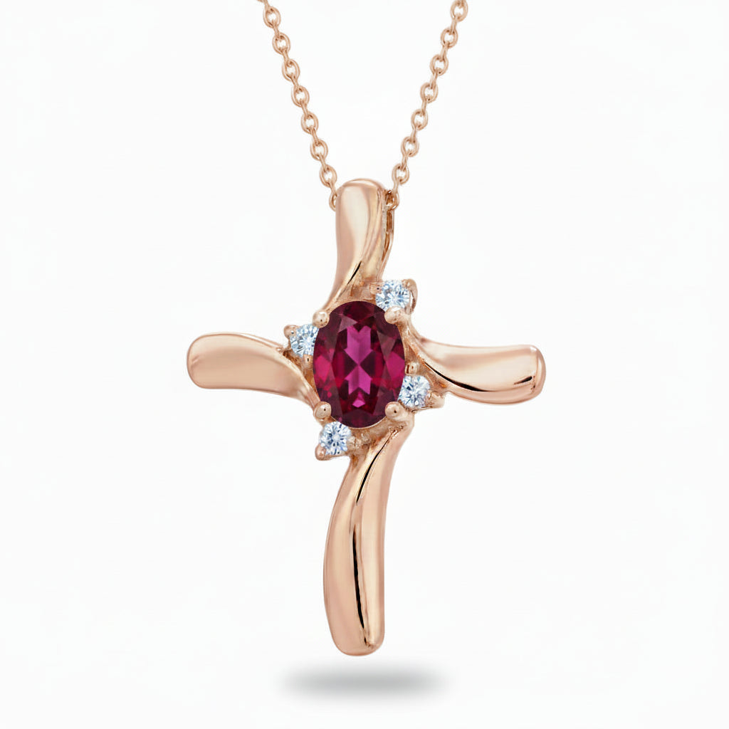 Ruby & Diamond Cross Necklace Pendant 14k Rose Gold (0.50ct)