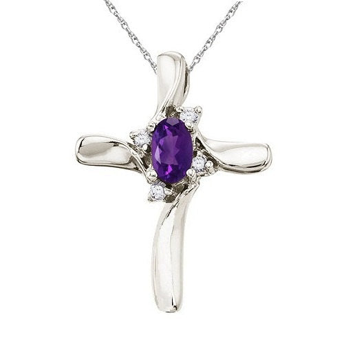 Amethyst & Diamond Cross Necklace Pendant 14k White Gold (0.50ct)