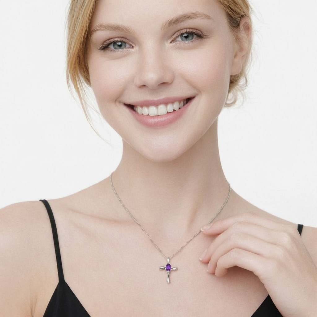 Amethyst & Diamond Cross Necklace Pendant 14k White Gold (0.50ct)