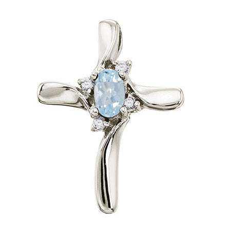 Aquamarine & Diamond Cross Necklace Pendant 14k White Gold (0.50ct)