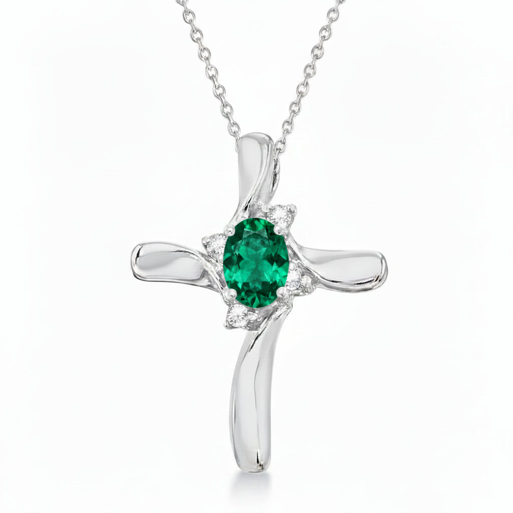Lab Emerald & Lab Diamond Cross Necklace Pendant 14k White Gold (0.50ct)