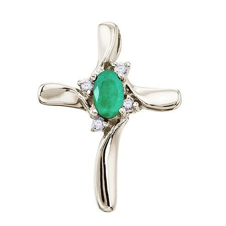 Emerald & Diamond Cross Necklace Pendant 14k White Gold (0.50ct)