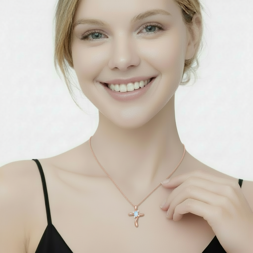 Moonstone & Diamond Cross Pendant Necklace 14K Rose Gold (0.50ct)