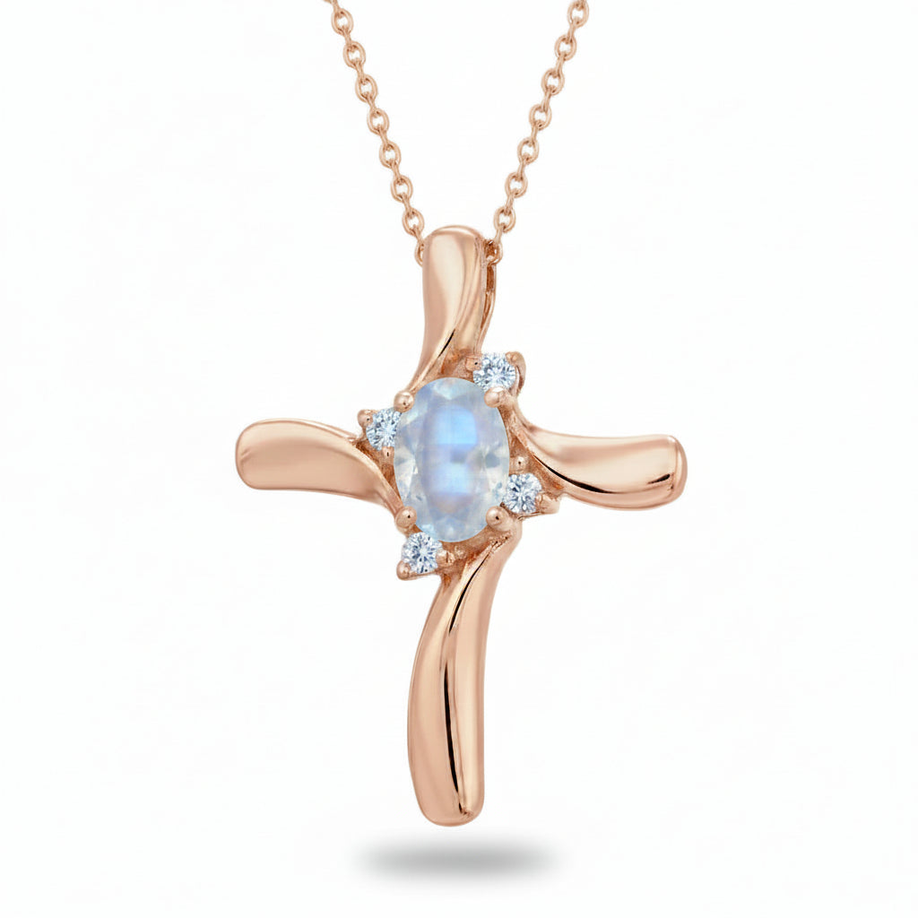 Moonstone & Diamond Cross Pendant Necklace 14K Rose Gold (0.50ct)