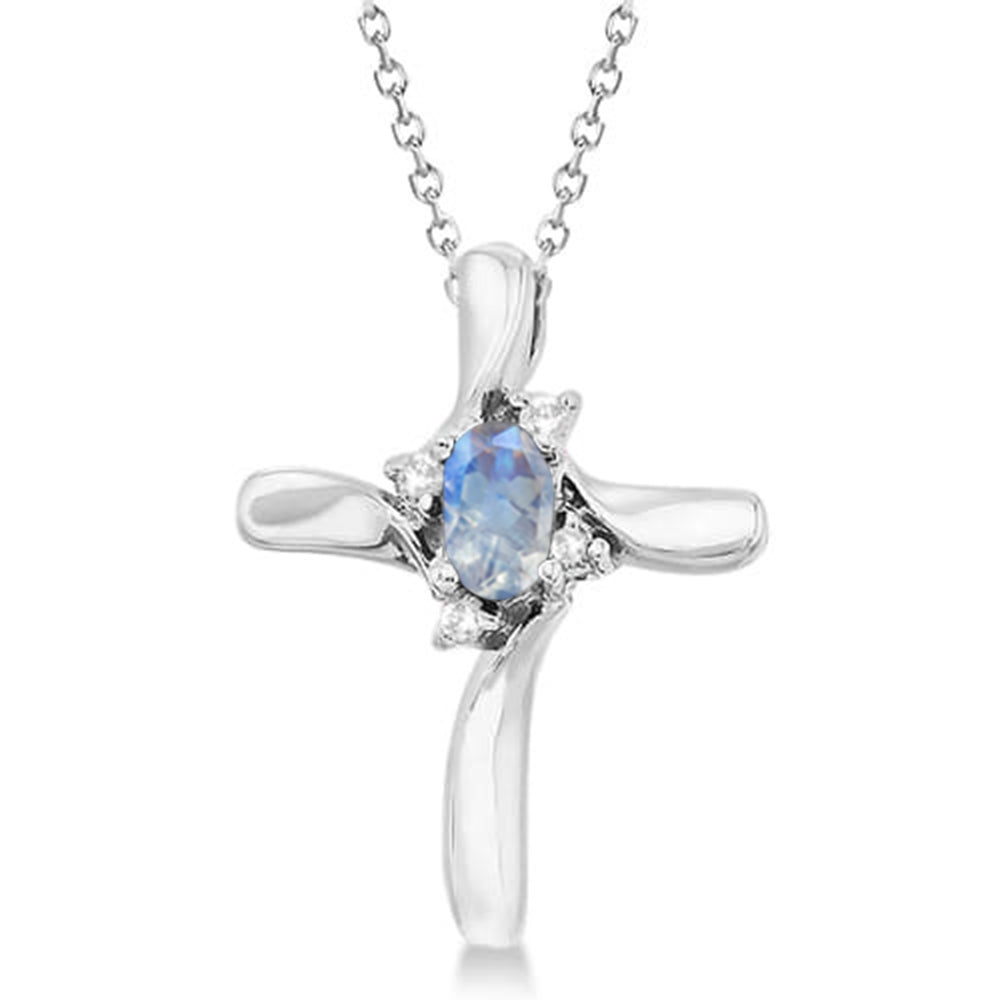 Moonstone & Diamond Cross Pendant Necklace 14K White Gold (0.50ct)
