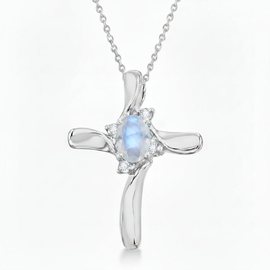 Moonstone & Diamond Cross Pendant Necklace 14K White Gold (0.50ct)