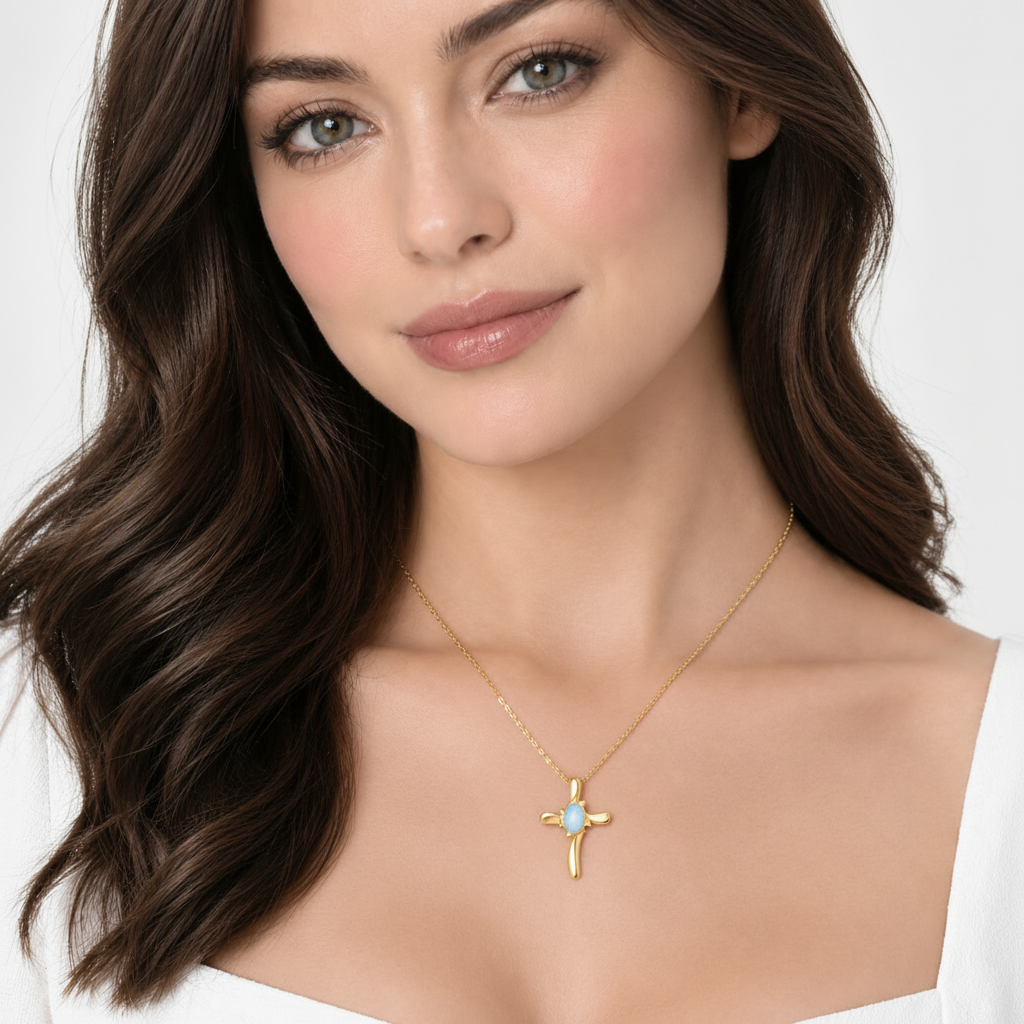 Moonstone & Diamond Cross Pendant Necklace 14K Yellow Gold (0.75ct)