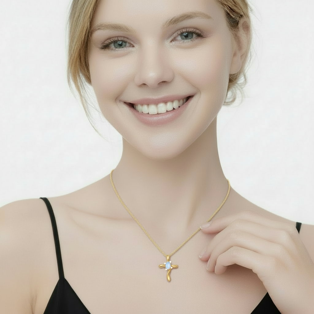 Moonstone & Diamond Cross Pendant Necklace 14K Yellow Gold (0.50ct)