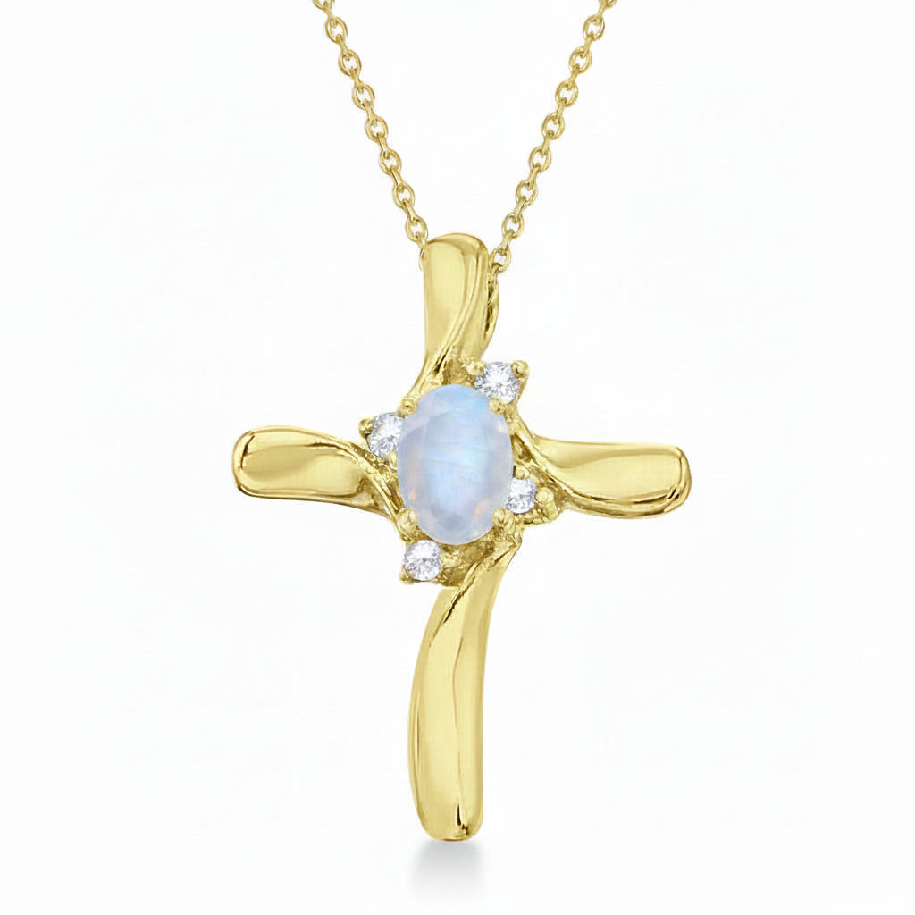 Moonstone & Diamond Cross Pendant Necklace 14K Yellow Gold (0.50ct)