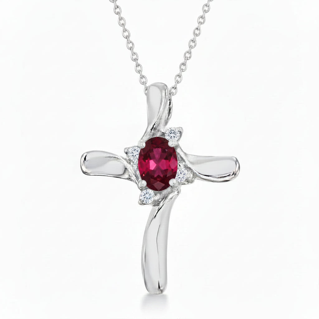 Lab Ruby & Lab Diamond Cross Necklace Pendant 14k White Gold (0.50ct)