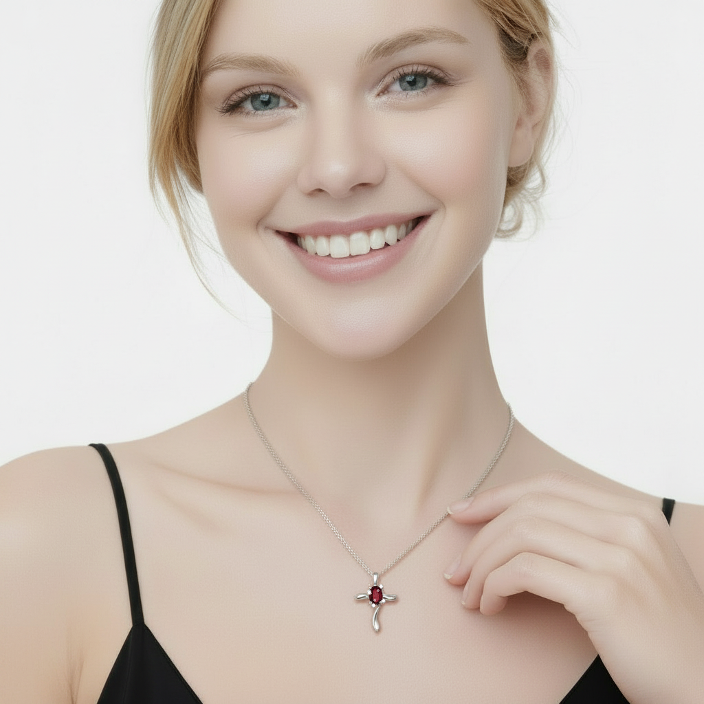 Ruby & Diamond Cross Necklace Pendant 14k White Gold (0.50ct)