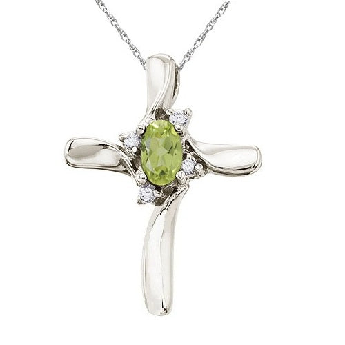 Peridot & Diamond Cross Necklace Pendant 14k White Gold (0.50ct)