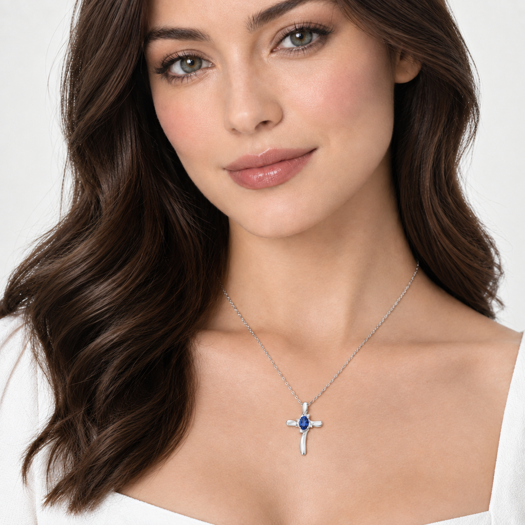 Lab Blue Sapphire & Lab Diamond Cross Necklace Pendant 14k White Gold (0.75ct)