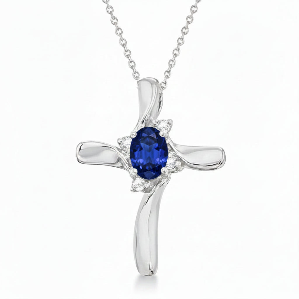 Lab Blue Sapphire & Lab Diamond Cross Necklace Pendant 14k White Gold (0.50ct)