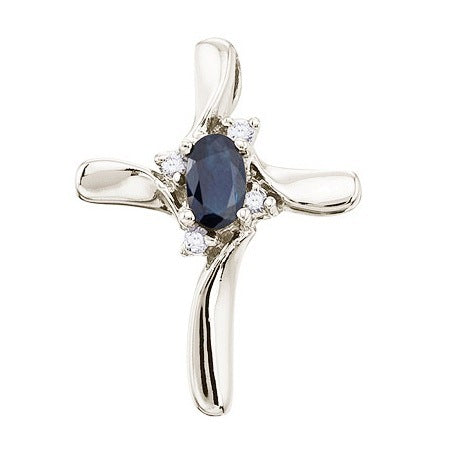 Blue Sapphire & Diamond Cross Necklace Pendant 14k White Gold (0.50ct)