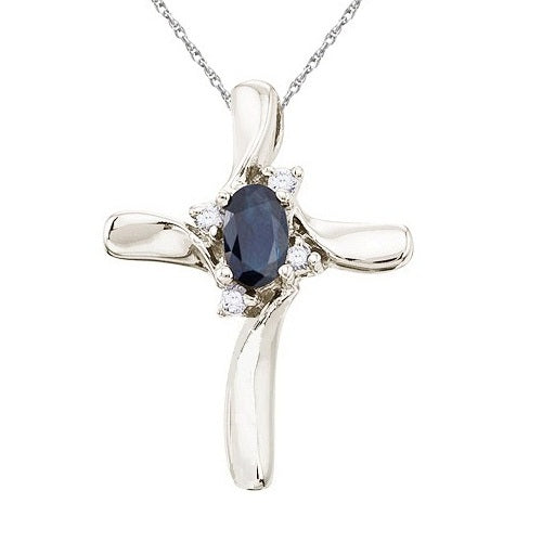 Blue Sapphire & Diamond Cross Necklace Pendant 14k White Gold (0.50ct)