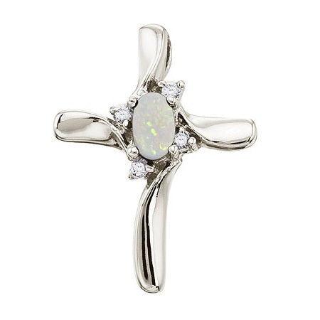 Opal & Diamond Cross Necklace Pendant 14k White Gold (0.50ct)