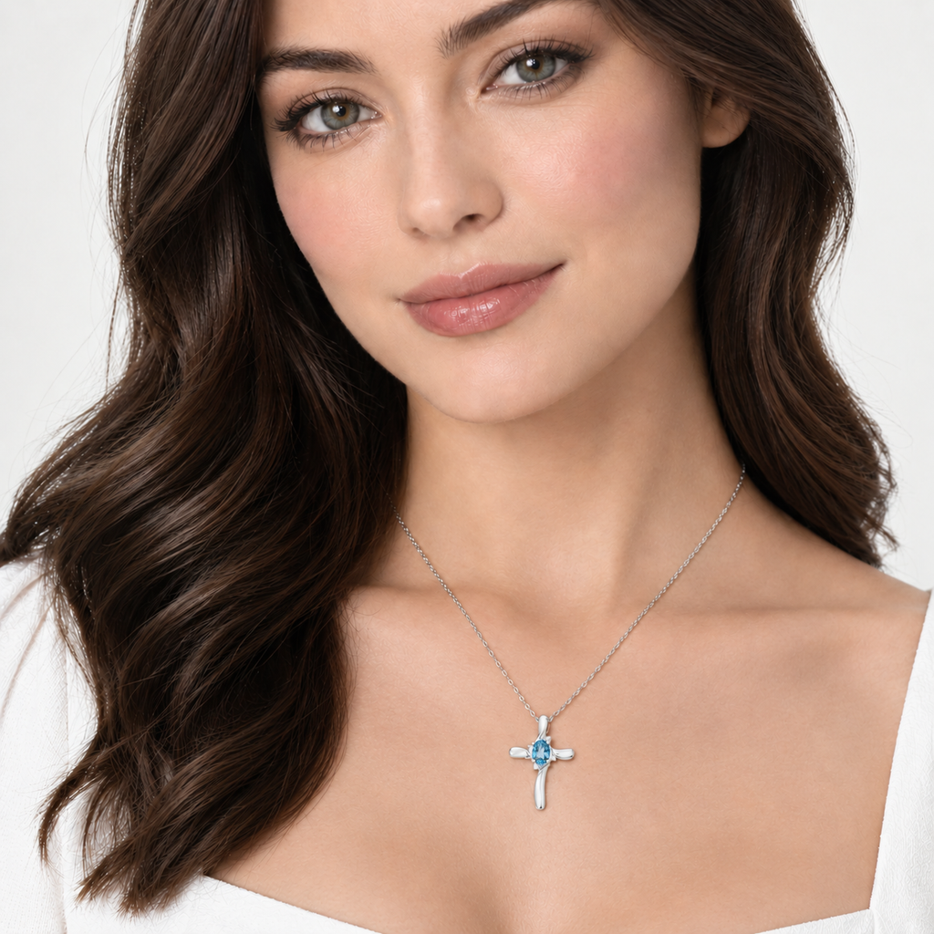 Blue Topaz & Diamond Cross Necklace Pendant 14k White Gold (0.75ct)